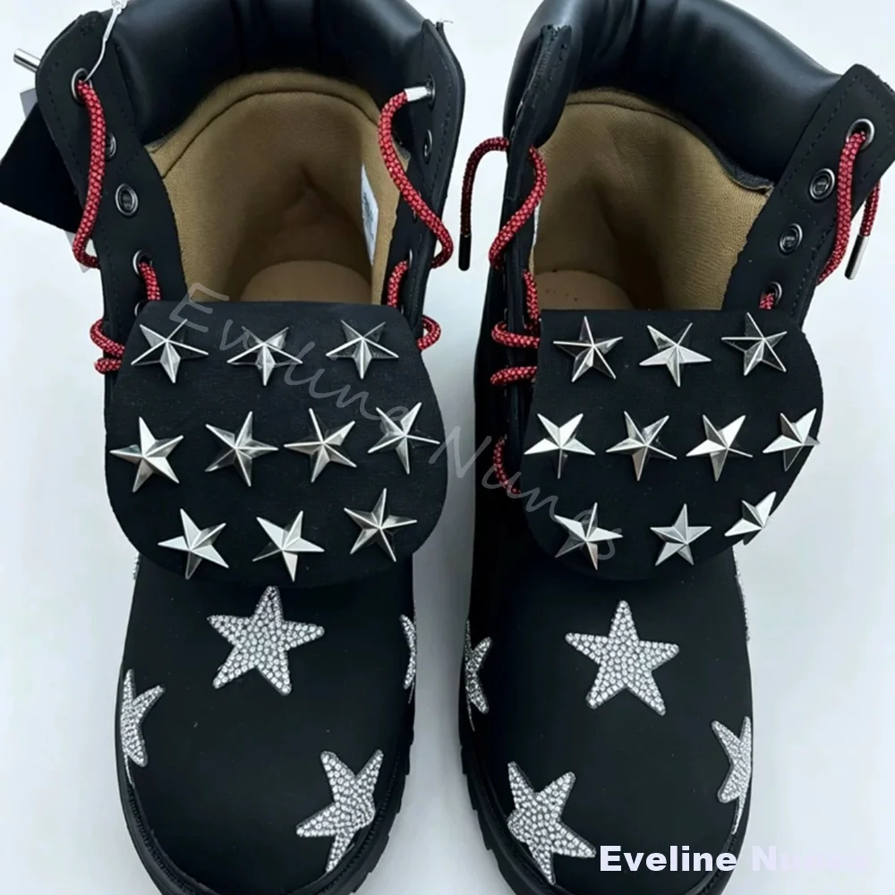 Star Rhinestone Rivet Combat Boots Men Punk Gothic Platform Lace Up Combat Boots Streetwear Daily Party Concert Hiking Boots