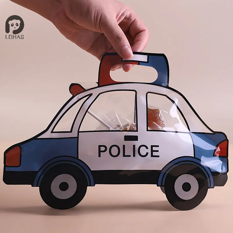 10Pcs Construction Truck Bulldozer Excavator&Police Car Shape Candy Cookie Bags Kid Birthday Xmas Party Gift Zipper Bags