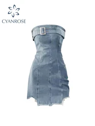 Women Fashion Off Shoulder Strapless Slim Short Denim Mini Shirt Dress Ladies Casual Fashion Party Vestidos 2023 Spring Summer
