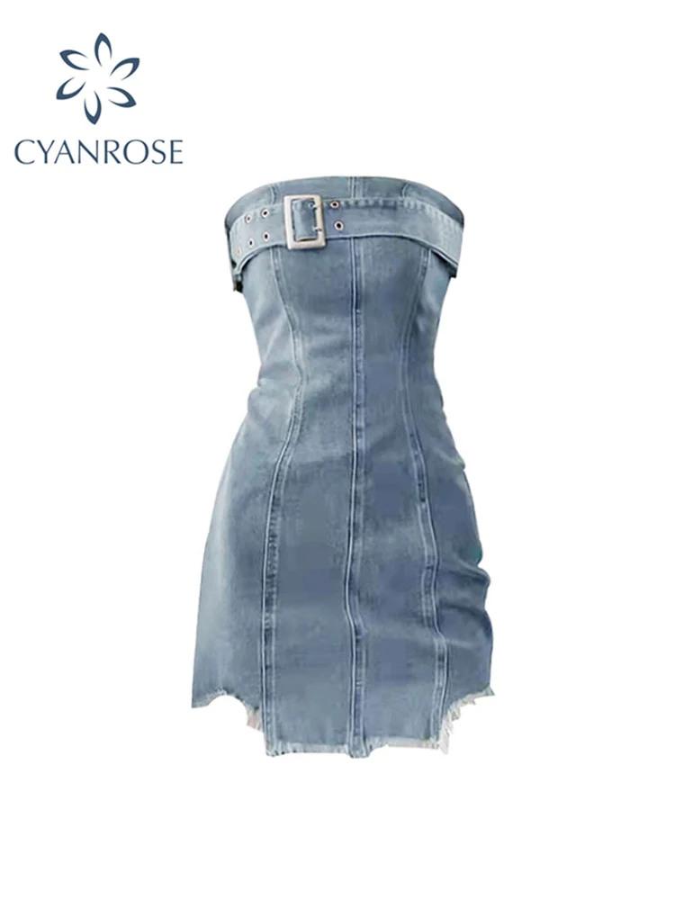 Women Fashion Off Shoulder Strapless Slim Short Denim Mini Shirt Dress Ladies Casual Fashion Party Vestidos 2023 Spring Summer