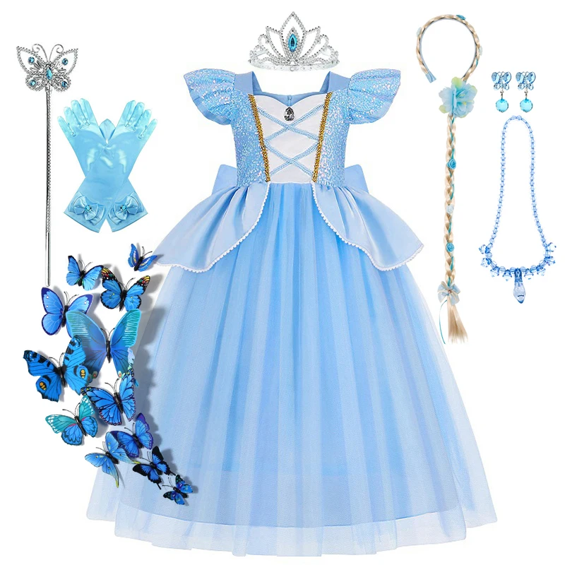 Kids Girls Cosplay Blue Cinderella Costume Deluxe Lace Dress Birthday Party Princess Fairy Tale Grace Ball Gown 1-12Yrs Clothes