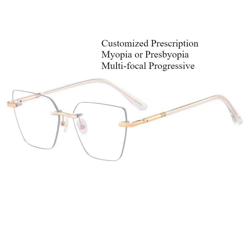 

Customized Prescription Glasses Women Rimless Multi-Focal Progressive Photochromic Anti-Blue Light Myopia Hyperopia Eyeglasses