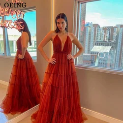 OEING Elegant Evening Dresses Sexy Deep V Neck Spaghetti Strap Tulle Tiered A-Line Prom Dress Formal Gown Vestidos De Fiesta