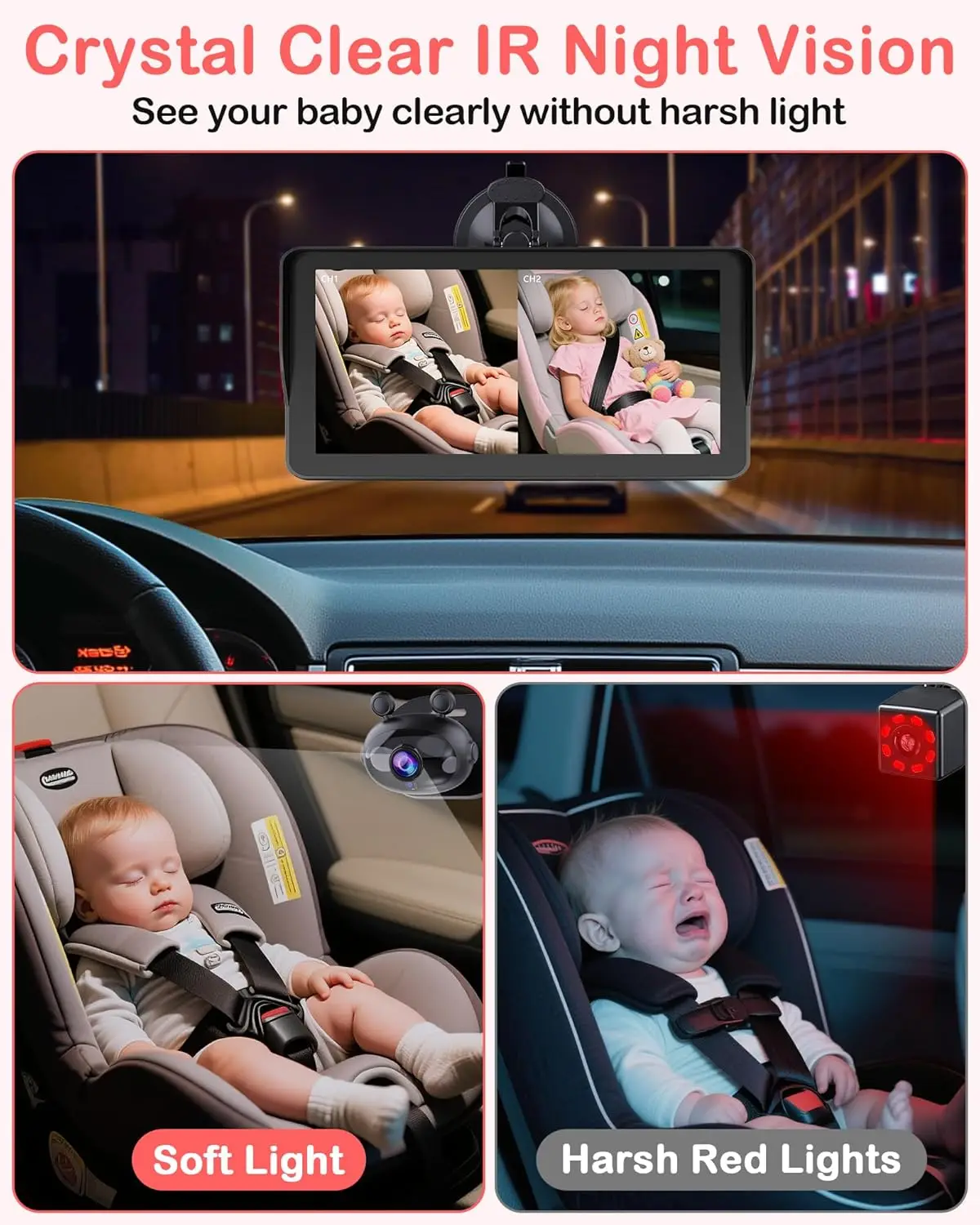 6.9 Inch HD Dual Baby Car Camera: Split Screen for 2 Kids, Night Vision, Easy Install