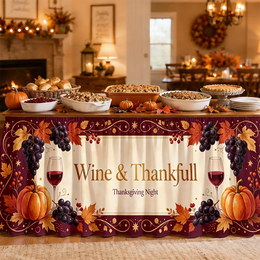 One-piece harvest table skirt, suitable for weddings, birthdays, baby shower parties - autumn vineyard grapes
