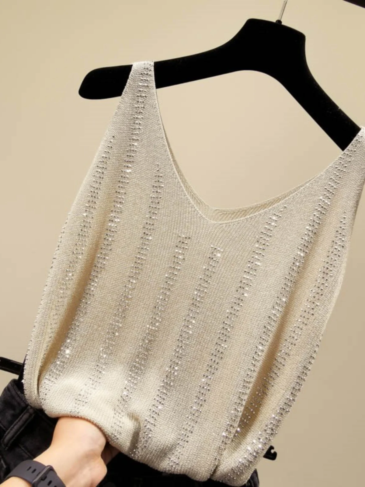 Fashionable Loose V-Neck Sequin Tank Top Women's Summer Design Diamond Heat Transfer Casual Comfortable Inner Wear Top