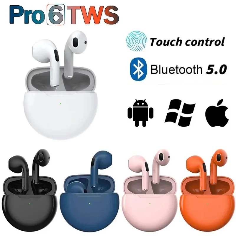 TWS Pro 6 headphone nirkabel dengan MIK, earphone Bluetooth, Earpiece olahraga, earbud iPhone Xiaomi Pro6