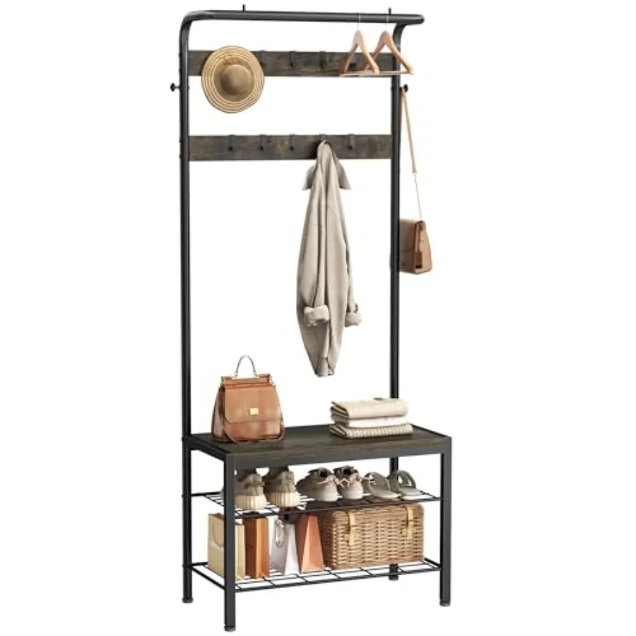 

5-in-1 Hall Tree with Coat Rack and Shoe Bench, Industrial Entryway Storage Organizer with Top Hanging Rod, 10 Movable Hooks an