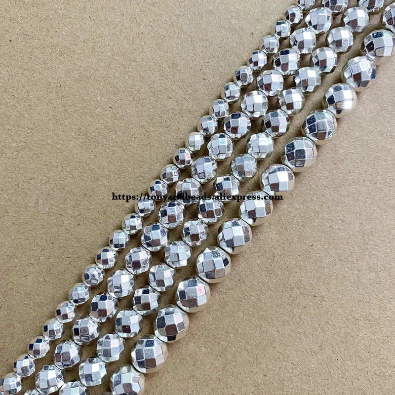 Faceted Shining Silver Plated Natural Hematite Stone Round Loose Beads 4 6 8 10 MM 15\