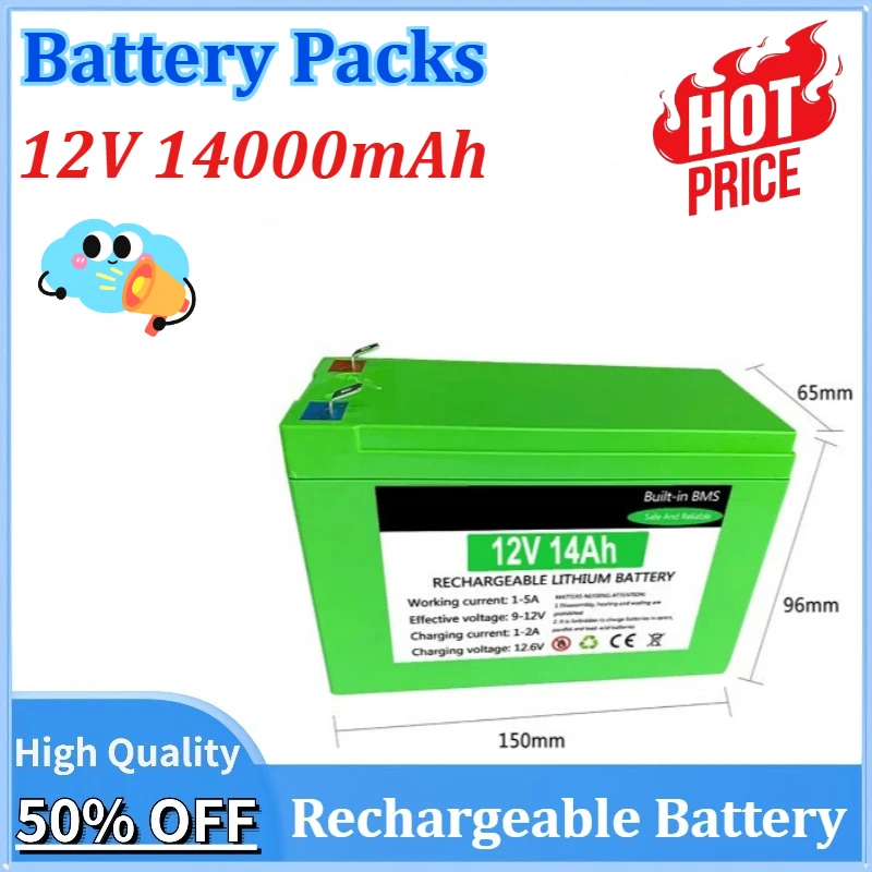 

Newly upgraded 12V 14000mAh High-Capacity Battery Pack Rechargeable Battery BMS for Power Supply Solar Energy Storage Model Car