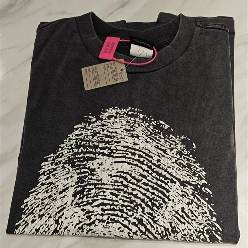 

25ss Black Washed Saint Michael Casual T Shirts Men Women Top Quality Pure Cotton Fingerprint Printing Shirt