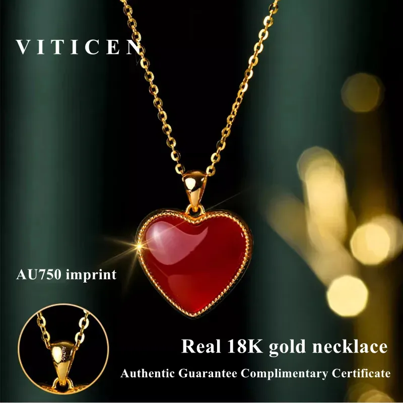 VITICEN Real 18K Gold Necklace For Women AU750 Natural Red Agate Heart Shape Pendant Valentine's Day Gift Original Fine Jewelry