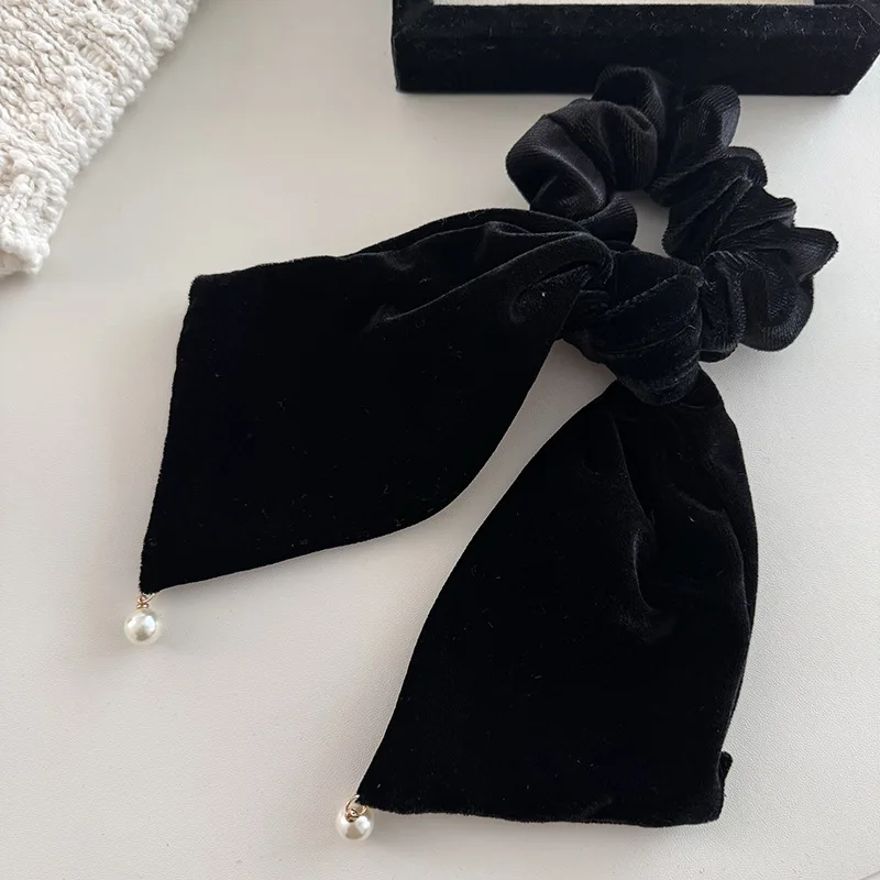 Black velvet pearl pendant with ribbon style hair loop and hair rope high-end vintage velvet temperament versatile headdress