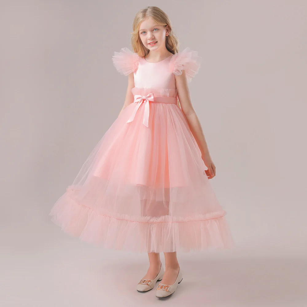 Girls Party Dresses 120cm-170cm Wedding Ball Gown Piano Show Children Dress Long Princess Skirt Pink Birthday