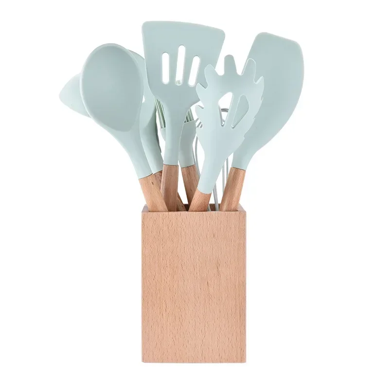 

10 шт., набор силиконовых кухонных принадлежностей премиум-класса с деревянной ручкой, антипригарная посуда, ложка для супа, лопаточка для взбивания яиц