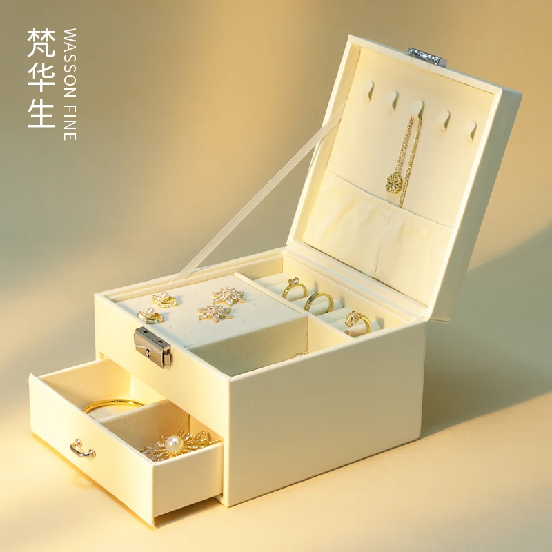 New double-layer jewelry storage box portable gold necklace ring earrings jewelry box high-end jewelry box