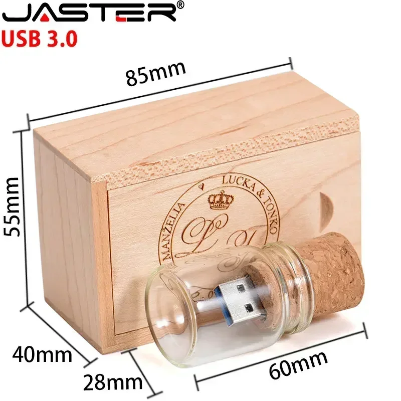 JASTER Free LOGO Wooden + Box USB 3.0 Pen Drive 128GB Wishing Bottle Memory Stick 64GB Wedding Gift Photography Flash Drive 32GB