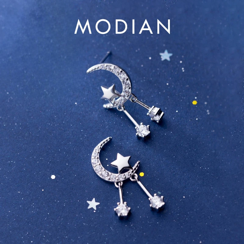 

Modian Moon & Stars Swing Zircon Stud Earrings 100% 925 Sterling Silver Luxury Romantic Earring For Women Christmas Jewelry Gift