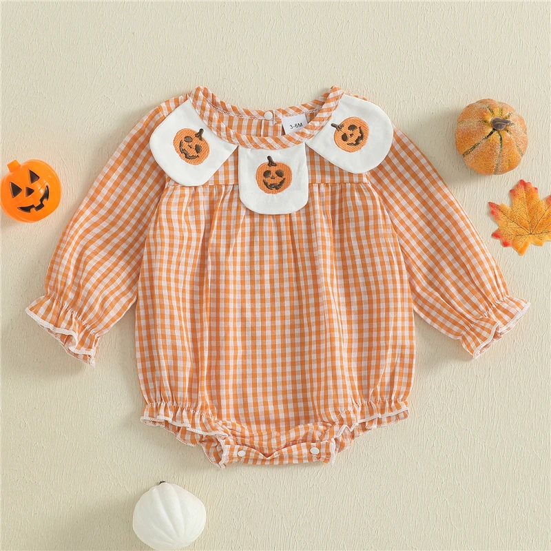 

Baby Girls Rompers Halloween Clothes Pumpkin Embroidery Plaid Long Sleeve Bodysuits Jumpsuits Fashion Infant Newborn Clothes