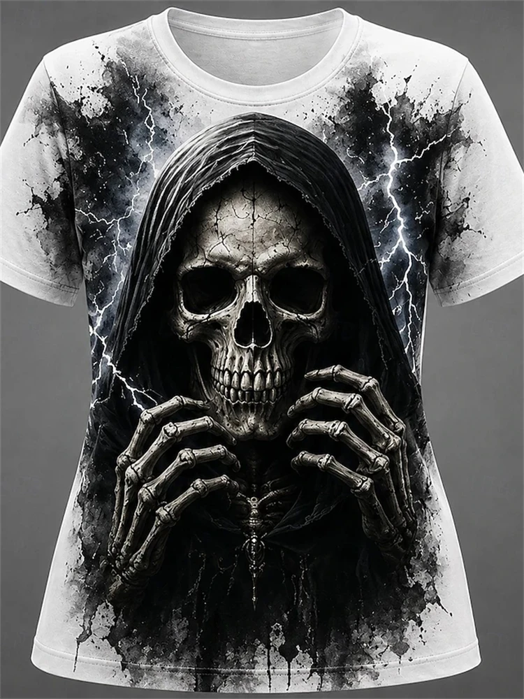 2026 New Halloween Women's Short-Sleeve T-Shirt Creepy Skull Print Crew-Neck Top Casual Fashionable Holiday T-Shirt