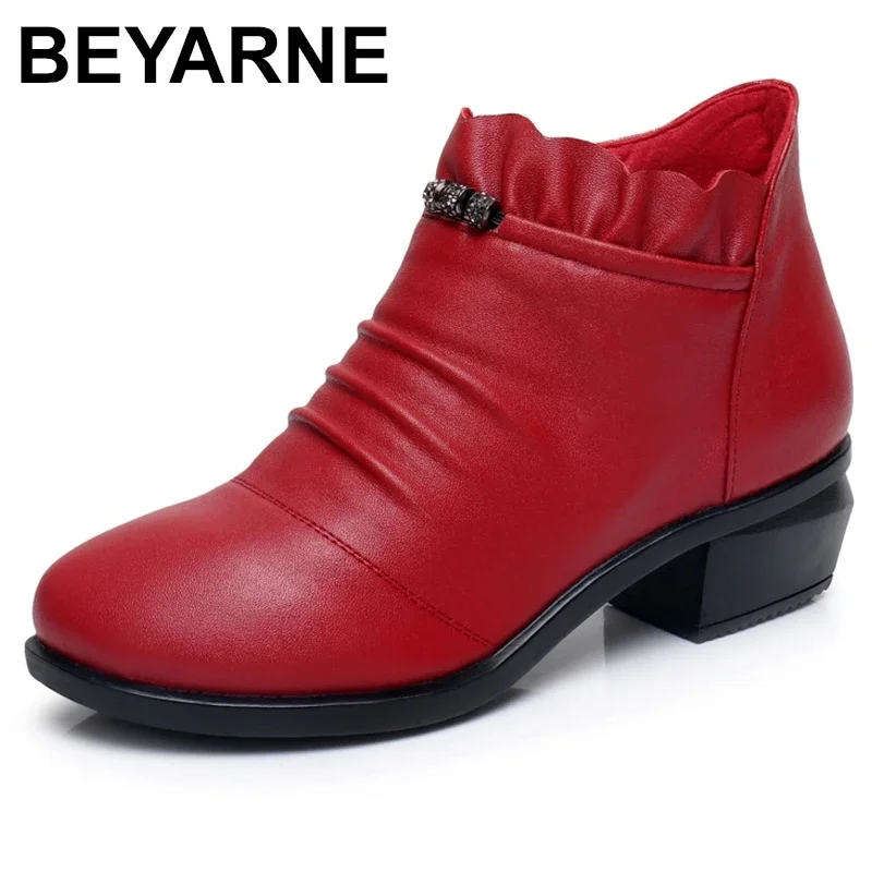 BEYARNE Fashion Women Boots Autumn Boots Genuine Leather Ankle Boots  Winter Warm Fur Plush Women Shoes Big Size 35-43E287