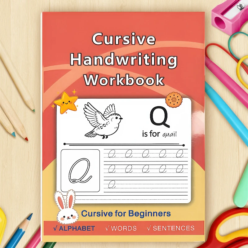 Cursive Script Tracing Activity Workbook for Early Learners, Three-Stage Writing Training of Letters, Vocabulary & Sentences