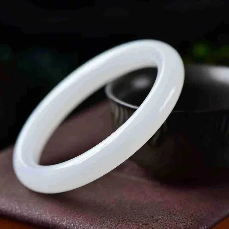 Natural Chinese White Jade Hand Carved Round Bar Bracelet Fashion Boutique Jewelry Men's and Women's White Bangle