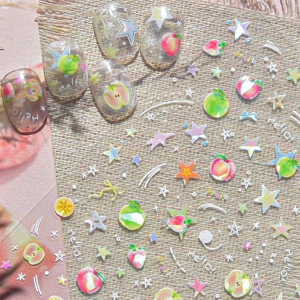 

Shiny Apple Lemon Star Cherry Strawberry Watermelon Kiwi Food Peach Colorful Fruits Bowknot Cake Donut Nail Art Stickers Decals