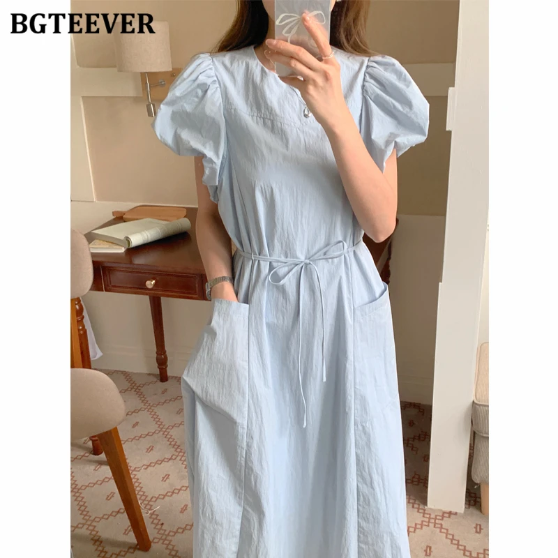 

BGTEEVER винтажное женское платье средней длины на шнуровке с карманами, летнее женское платье трапециевидной формы с пышными рукавами и круглым вырезом