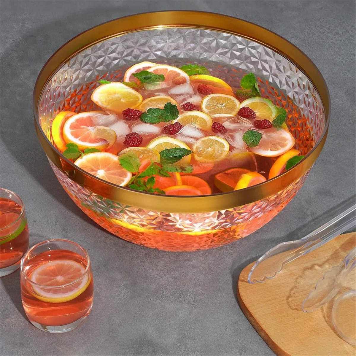 NEUE Kunststoff-Stanzschale, Hochzeiten, Grillen, transparente Getränke-Komplettset mit Goldbesatz für Cocktails, Salate, Snacks, leicht zu reinigen