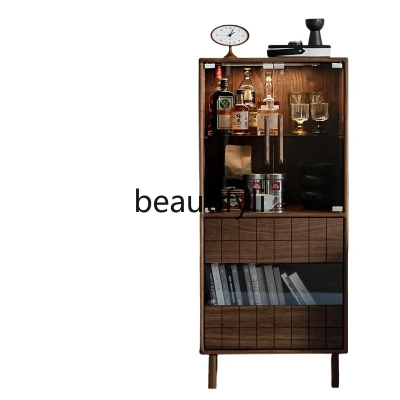 

North American Black Walnut Solid Wood Side Cabinet Living Room Nordic Glass Storage Wine Show Bookcase TV Sofa Side Cabinet