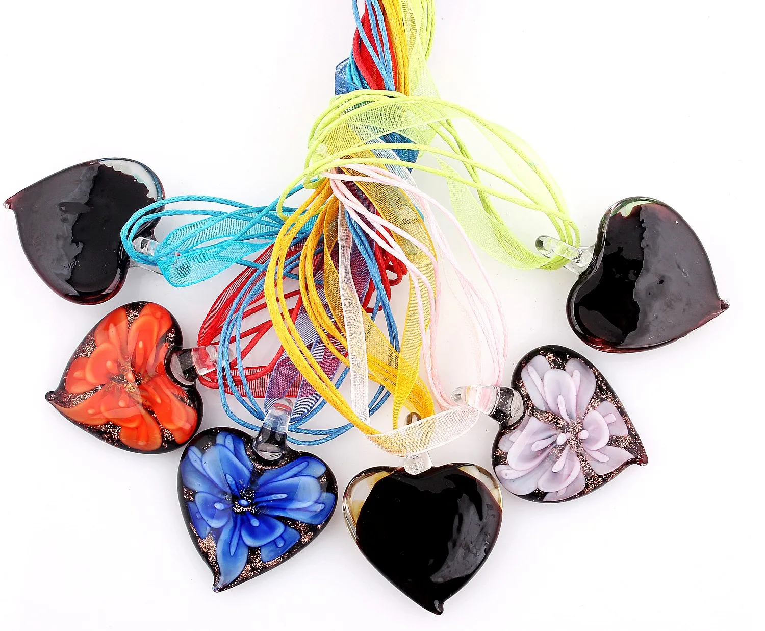 Fashion Wholesale Lots 6pcs Handmade Murano Lampwork Glass Mixed Color Inside Flower Pendants Silk Cords Necklace New