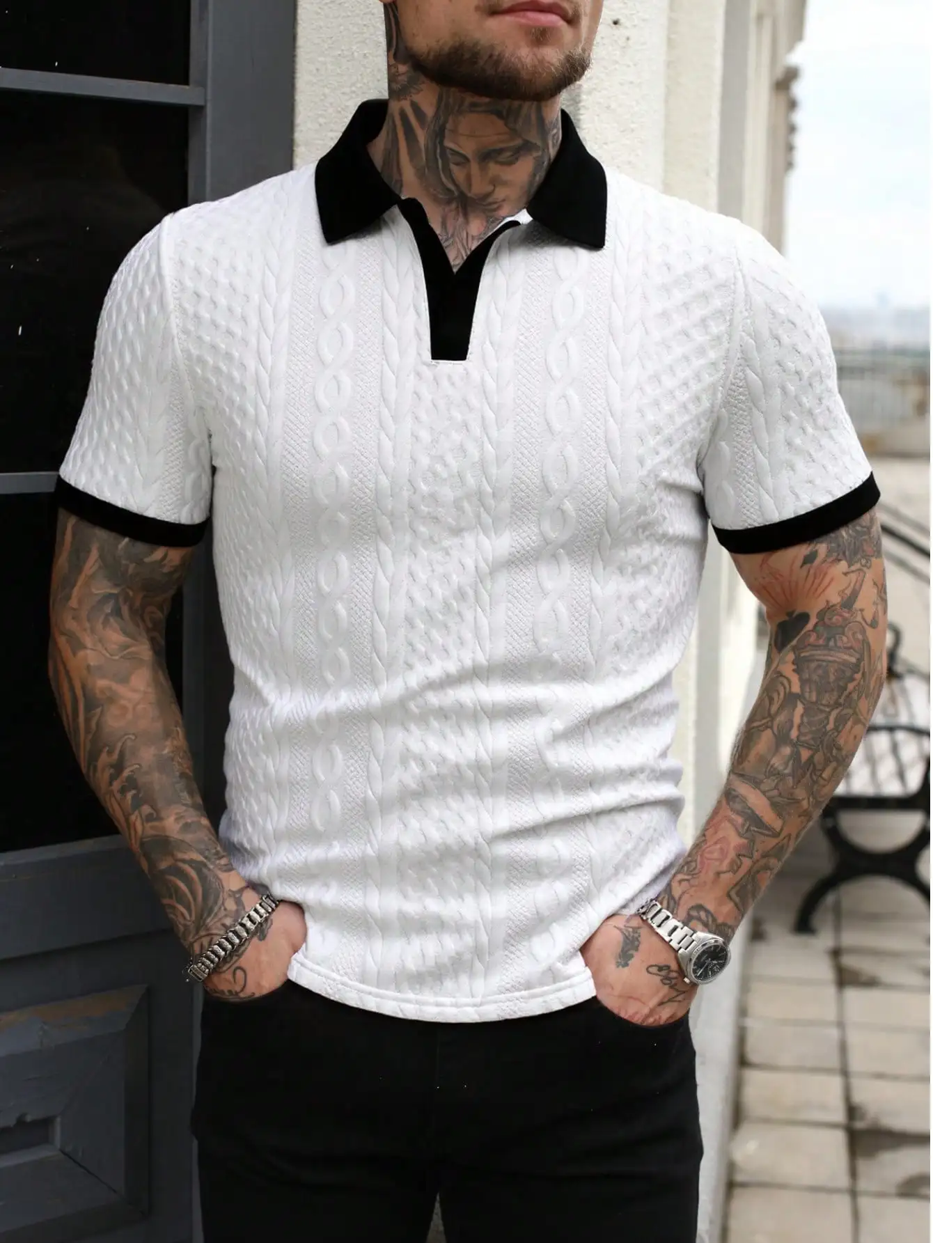 

Men's White Cable Knit Polo Shirt with Black Contrast Trim