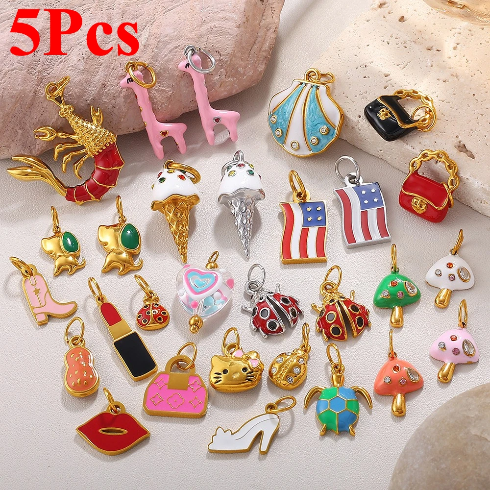 5pcs Stainless Steel Enamel Charms Dog Giraffe Mushroom Turtle Insect Pendants for Jewelry Making Diy Necklace Earring Supplies