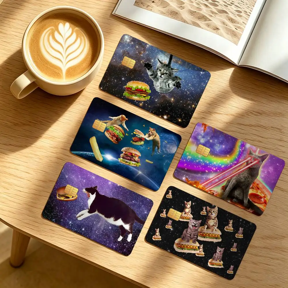 Cosmic Cat Chase Hamburger Meme Credit Card Public Transportation Cards Protective Sticker Waterproof Card Face Decoration 4PCS