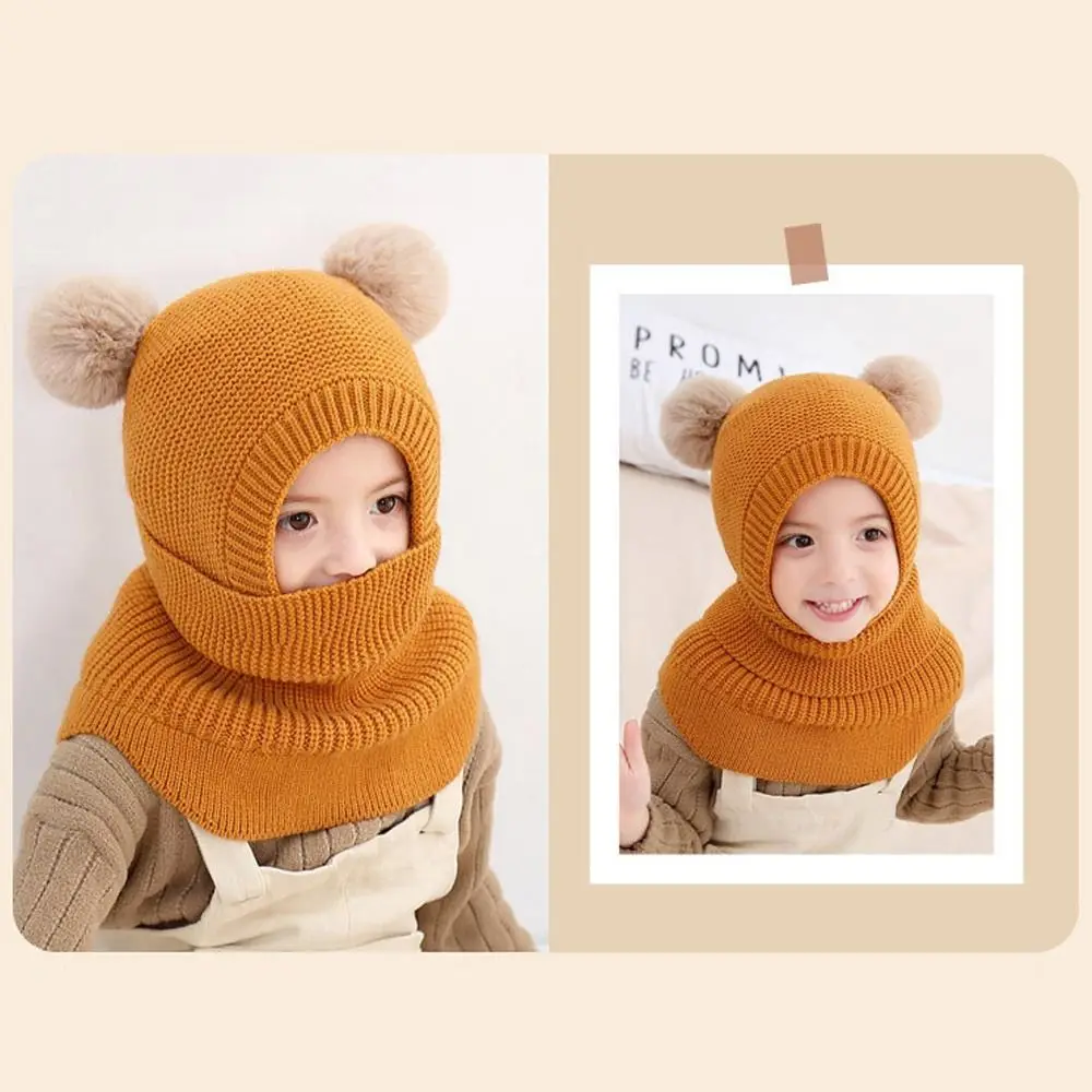 Autumn and Winter Baby Knitted Hat Warm Hats Two Ball Ear Protection Caps Breathable Windproof Head Full Face Neck Cover