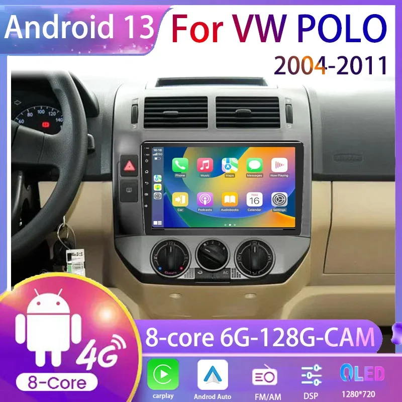 For VW Polo 2004-2011 Android 13 Car Radio GPS Navigation Carpet Wireless Multimedia Video Player No Canbus