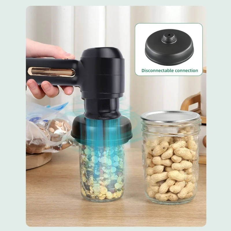 

Портативный вакуумный упаковщик с силой всасывания 60 кПа, LED-экраном, перезаряжаемый, для сохранения свежести продуктов, с 10 многоразовыми вакуумными пакетами и 10 крышками для банок Мейсона