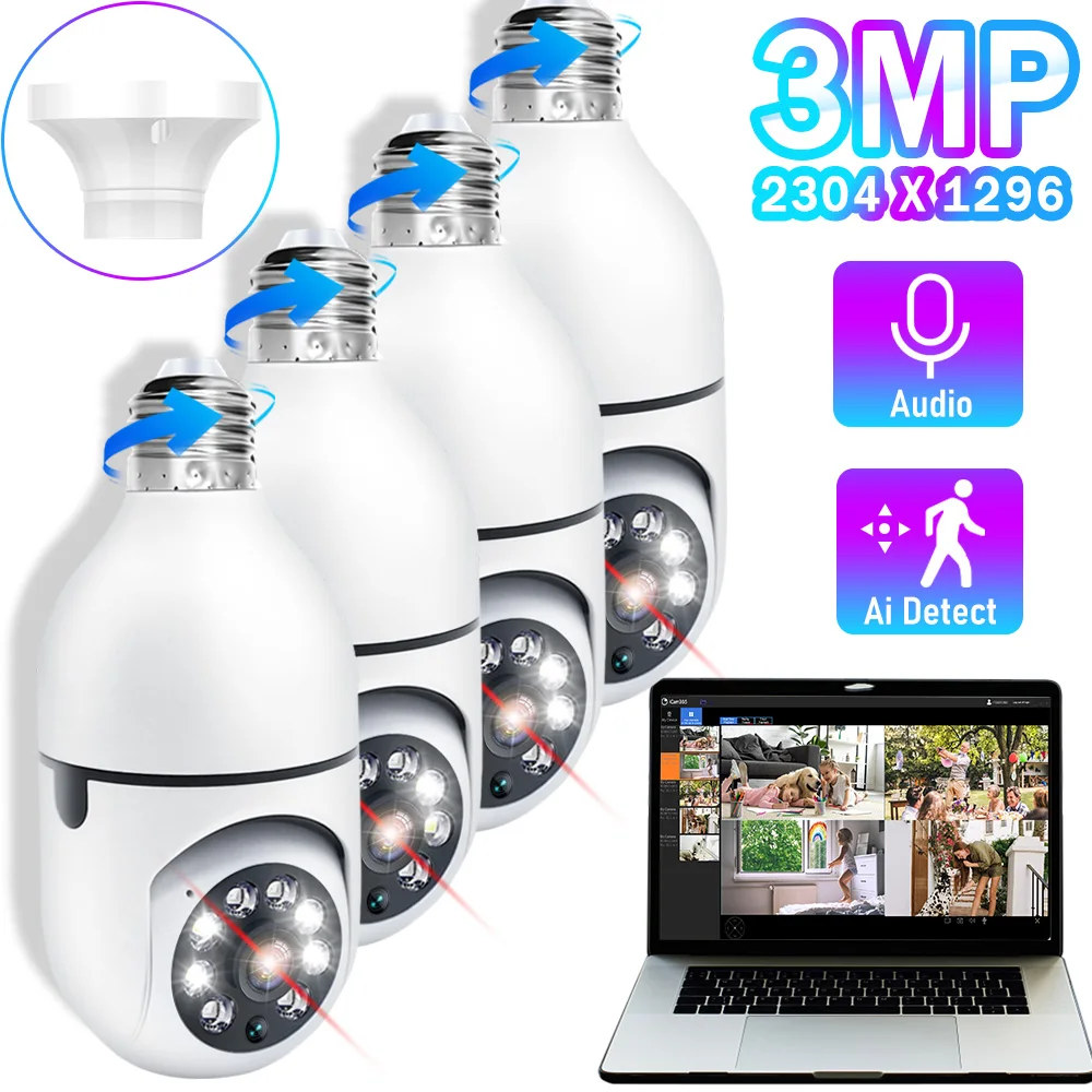 1/2/4PCS Cameras Wifi 3MP Indoor Wireless IP E27 Bulb Monitor Home Surveillance Video Security Protection Night Vision Tracking