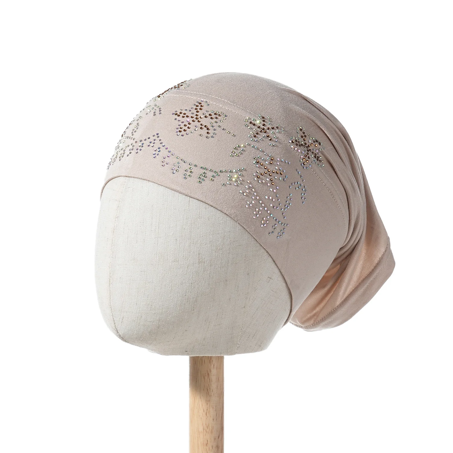 Goldene Glitzerkappen, muslimische elastische Krawatte auf der Rückseite, für Damen, funkelnder Turban, glänzende Strass-Innen-Hijabs, weiche Jersey-Unterkappen – Detail 9