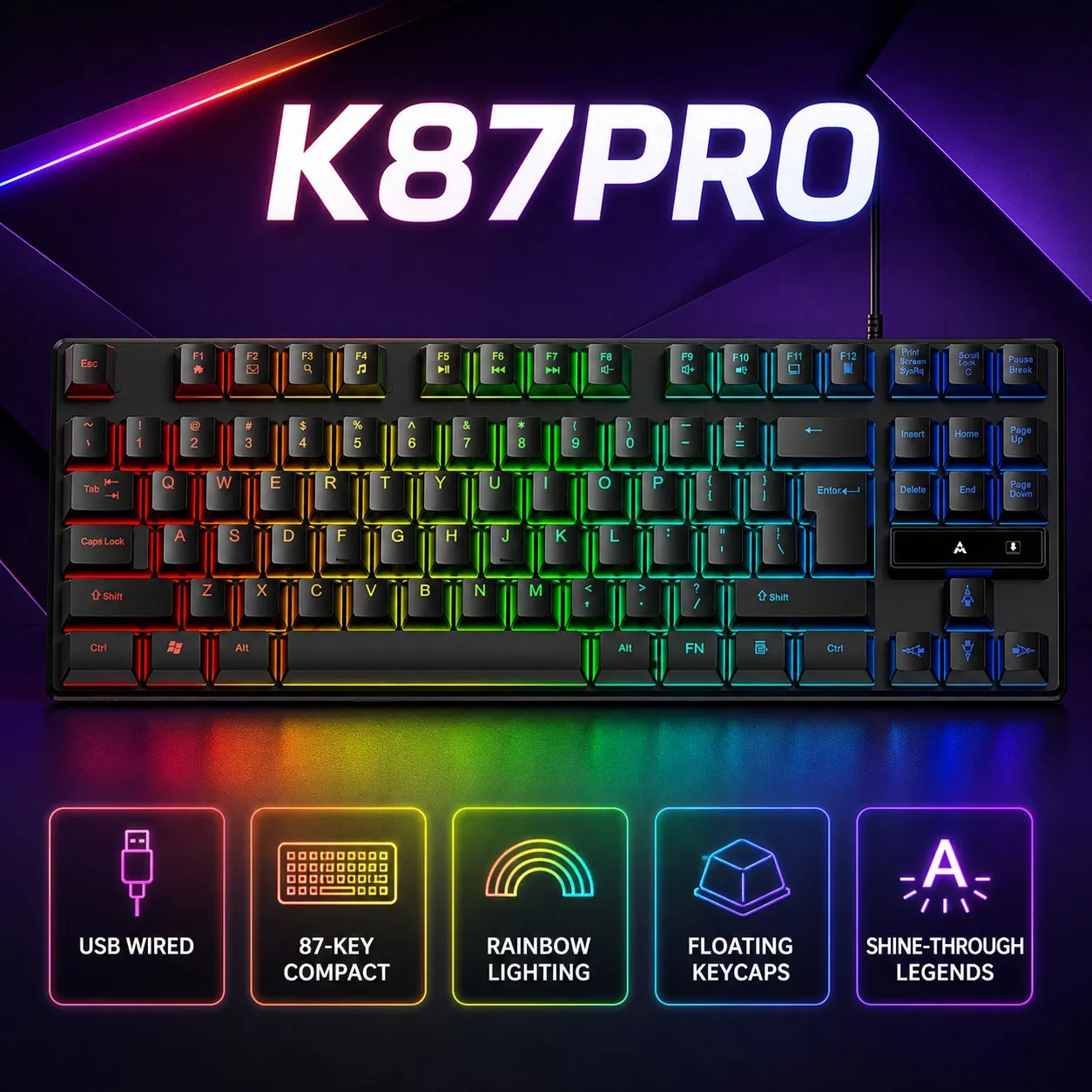 APAYADO K87PRO Wired Membrane Gaming Keyboard 87 Keys RGB Backlit Suspended Keycaps Adjustable Stand 330g Office Gaming Windows