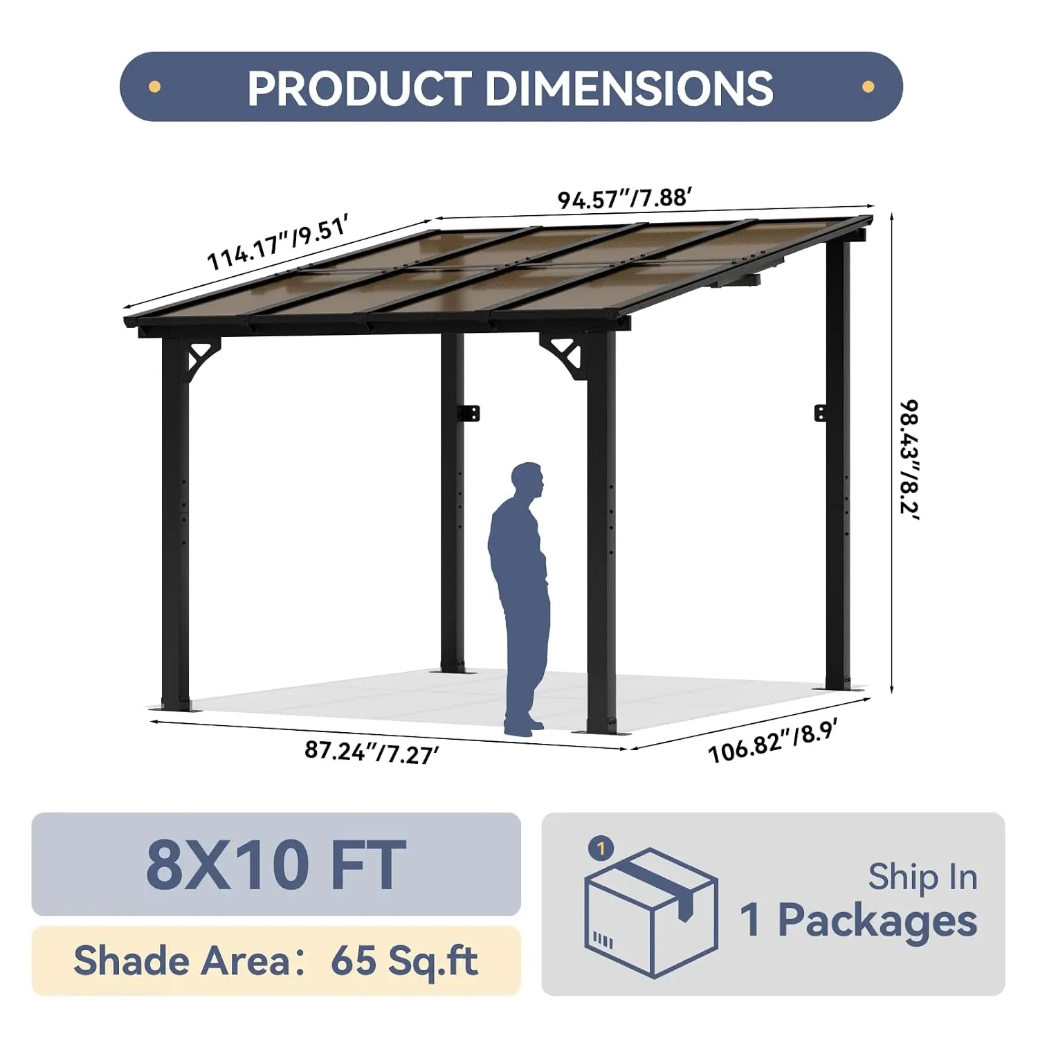 8x10FT Lean to Gazebo Hardtop Metal Pergola Polycarbonate Roof Wall Mounted Awning Patio Canopy Backyard Deck, Customized