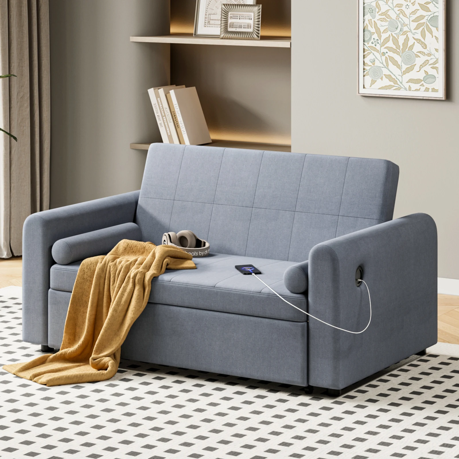 أريكة سرير بمقعدين، أريكة نوم قابلة للسحب 3 في 1 قابلة للتحويل مع مسند ظهر قابل للتعديل بثلاثة أوضاع، وجيوب جانبية وUSB #2