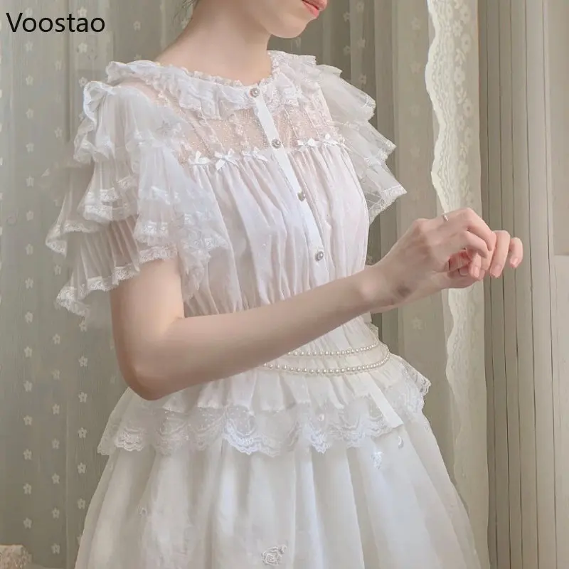 Victorian Vintage Lolita Princess Blouse Women Elegant Ruffles Short Sleeve Mesh Bow Slim Shirt Japanese Gothic Y2k Cute Tops