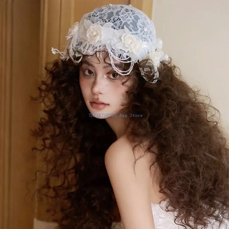 340D Stylish Flower Lace Hat Princesses Girls Hat Elegant Women Handmade Hat