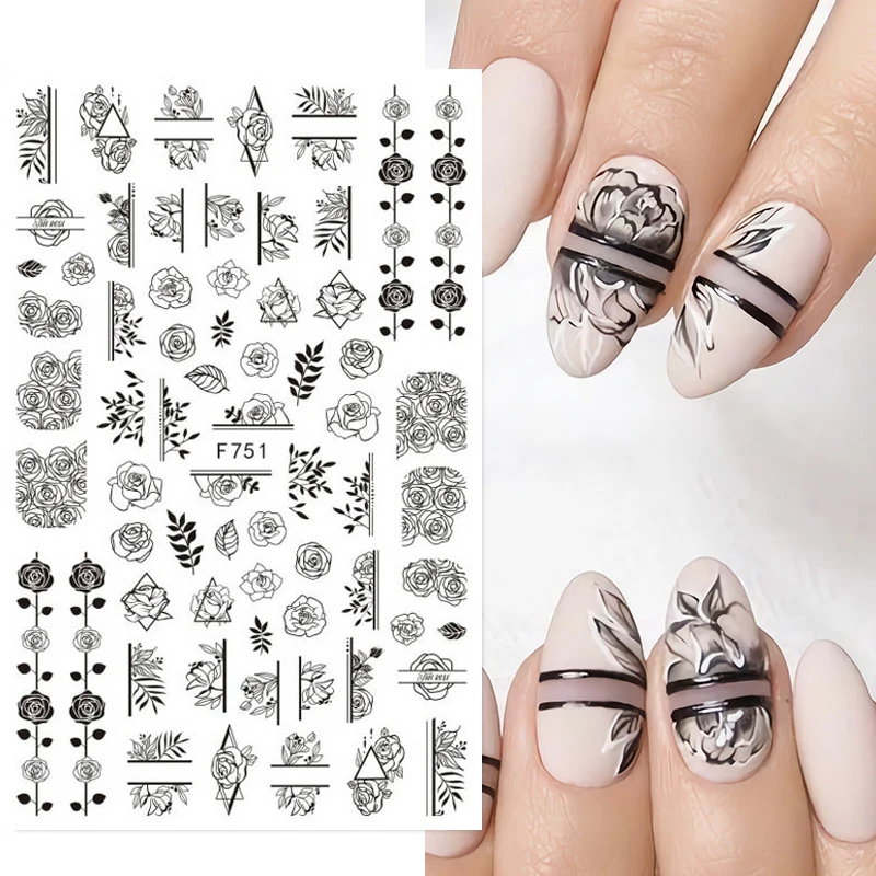 

Nail Art Decals Black Geometric Drawing Lines Leafs Florals Flowers Back Glue Nail Stickers Decoration For Nail Tips Beauty