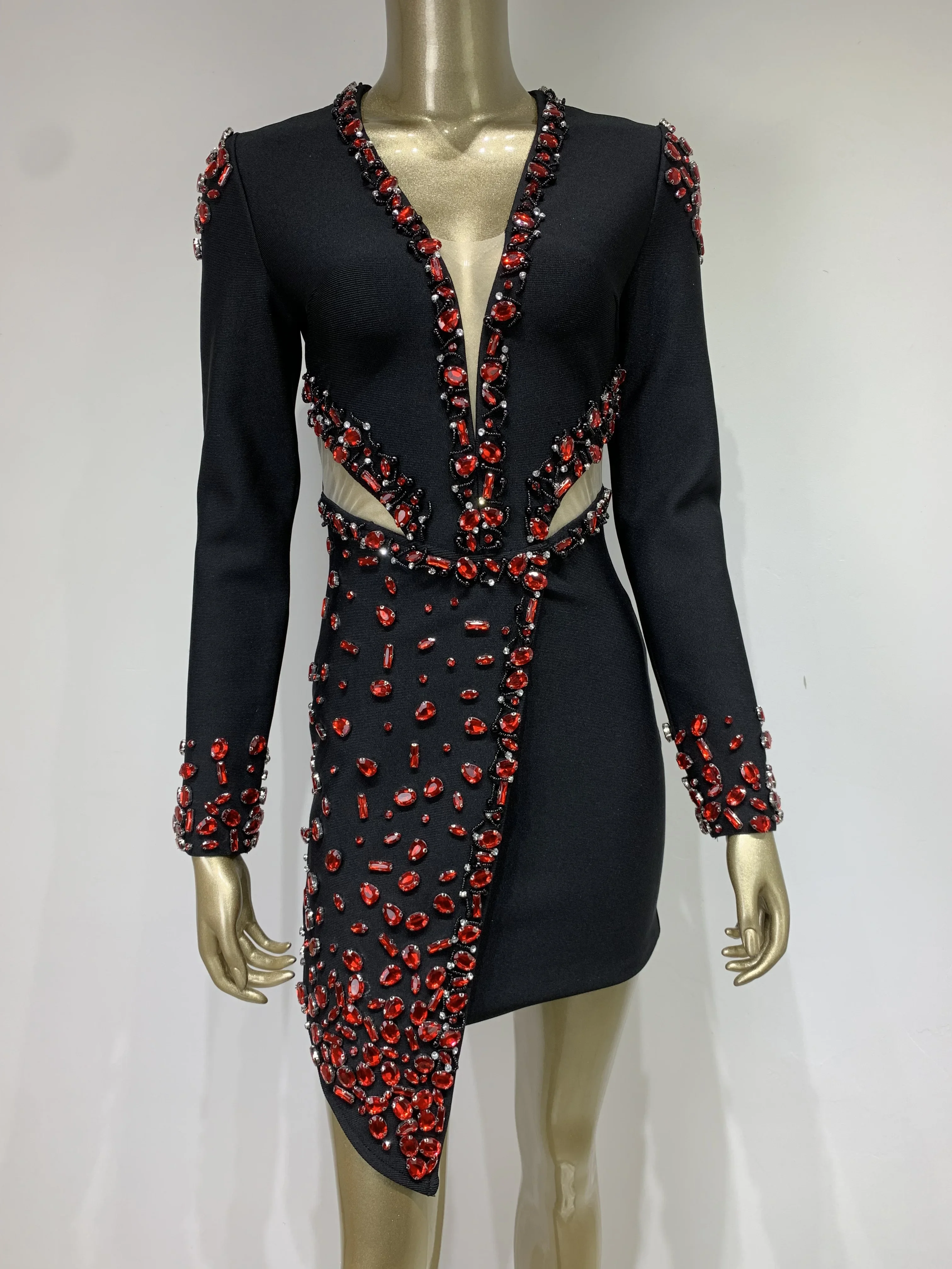 Women Celebrity Sexy Long Sleeve V Neck Rhinestone Beading Black Mini Bandage Dress 2023 Elegant Evening Club Party Dress