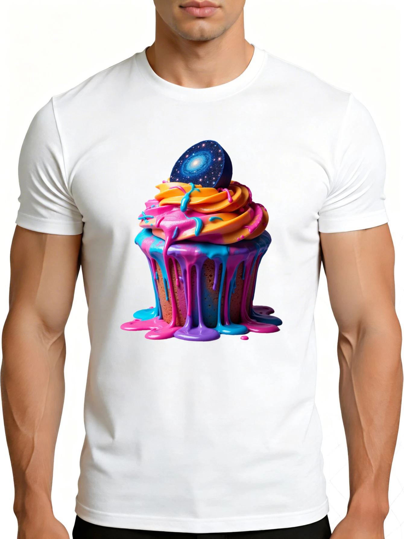 Men's Graphic T-Shirt - Breathable, Soft, Lightweight - Colorful Cupcake with Galaxy Top - Vintage Fun Pattern Casual Short Sleeve Summer Top, Gift for Him
