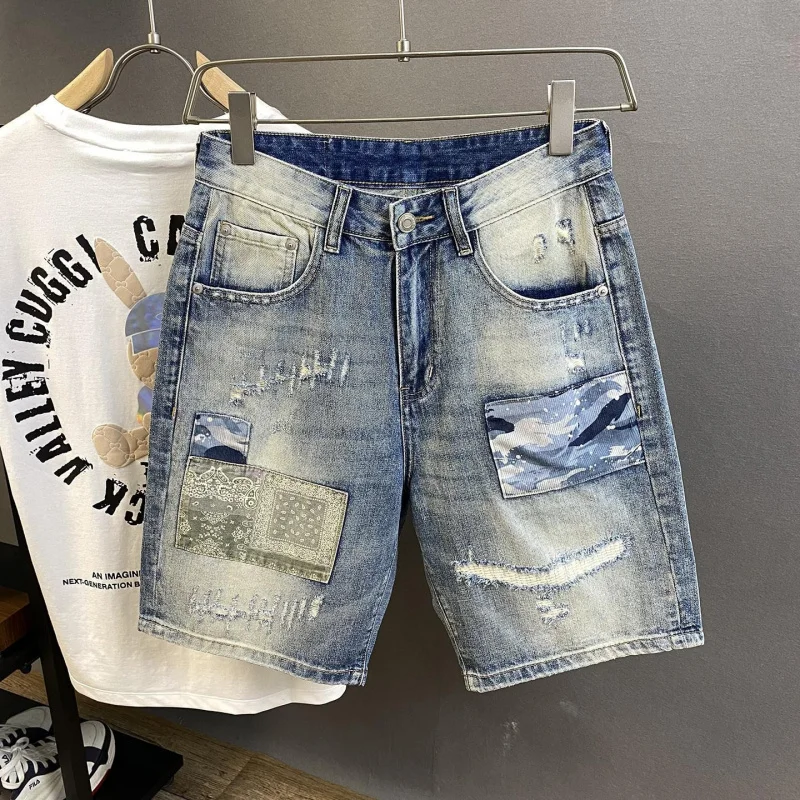 

Men's Lightweight, Thin, Loose, Straight, Striped, Perforated, Patchwork Style, Knee-Length, Casual Denim Pants, For Summer Amer