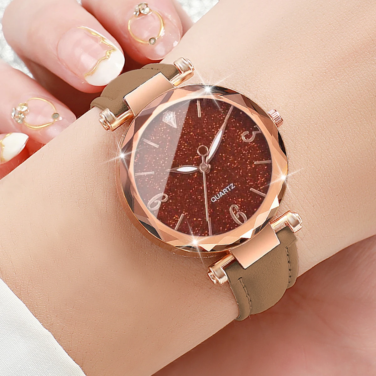 8PCS/Set Fashion Starry Dial Women Watches Casual Leather Band Ladies Quartz Watch Set Reloj Mujer（Without Box）